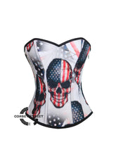 Morticia Addams USA Flag Print Skull Cotton Gothic Overbust Plus Size Corset Top
