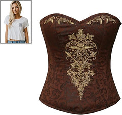 Brown Brocade Sequins Hand Work Burlesque Overbust Corset With Crop Top T-Shirt Sexy Top