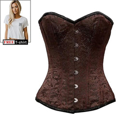 Women’s Brown Brocade With Front Silver Busk Overbust Corset With Crop Top T-Shirt