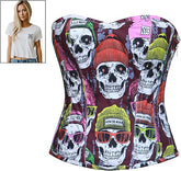 Women's Vintage Strapless Skull Printed gothic Overbust Cotton Corset Bustier With Crop T Shirt