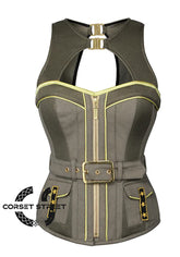 Army Green Cotton With Mesh Military Costume Steampunk Overbust Corset Top