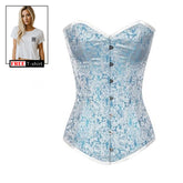 Women’s Baby Blue and White Corset Brocade Longline Overbust Bustier Top With Crop Top T-shirt