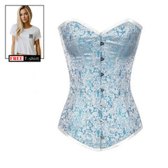 Women’s Baby Blue and White Corset Brocade Longline Overbust Bustier Top With Crop Top T-shirt