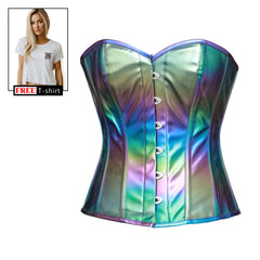 Women’s Rainbow Leather gothic Overbust Sparkle Corset Costume With Crop Top T shirt