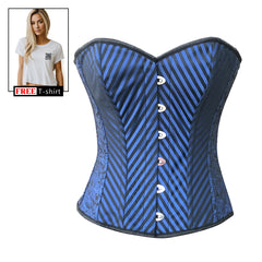 Blue and Black Brocade Diagonal Stripes Gothic Costume Overbust Corset Top With Crop Top T-Shirt