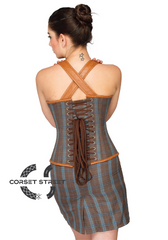 Cotton & Leather Straps Overbust Top & Cotton Mini Skirt Corset Dress