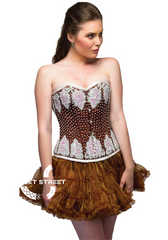 Brown Satin White Sequins Top & Tissue Skirt Waist Cincher Overbust Plus Size Corset Dress