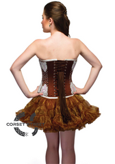 Brown Satin White Sequins Top & Tissue Skirt Waist Cincher Overbust Plus Size Corset Dress