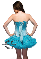 Turquoise Satin Handmade Sequins Overbust Top & Tissue Tutu Skirt Corset Dress
