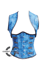 Blue Denim Print Leather Waist Training Underbust Plus Size Corset Top with Shrug