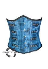 Blue Denim Print Faux Leather Waist Cincher Front Open Busk Underbust Women Corset Costume