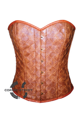 Sexy Women Brown Faux Leather Front Open Waist Cincher Bustier Overbust Corset Top