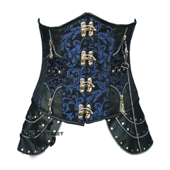 Plus Size Blue And Black Brocade Black Faux Leather Steampunk Costume Heavy Duty Underbust Corset