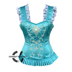 Baby Blue Satin White Sequins Work With Shoulder Strap Burlesque Overbust Corset Top
