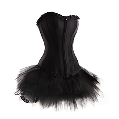 Black Satin Black Tutu Skirt Gothic Burlesque Bustier Waist Training Costume Overbust Corset Dress