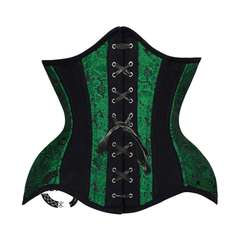 Green And Black Brocade Black Cotton Stripe Front Lace Waist Training Steampunk Costume Underbust Corset