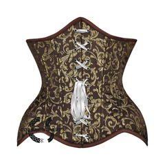 Brown And Golden Brocade White Lace Design Double Bone Steampunk Gothic Waist Training Underbust Corset