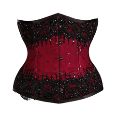 Red Satin Black Sequins Burlesque Costume Waist Training Underbust Corset Bustier Top
