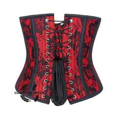 Red Satin Black Net Overlay Burlesque Gothic Underbust Waist Training Corset
