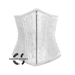 White Brocade Front Zipper Double Bone Steampunk Gothic Waist Training Underbust Corset Bustier Top