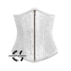 White Brocade Antique Zipper Double Bone Steampunk Gothic Waist Training Underbust Corset Bustier Top