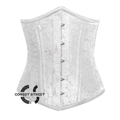 White Brocade Silver Busk Double Bone Steampunk Gothic Waist Training Underbust Corset Bustier Top