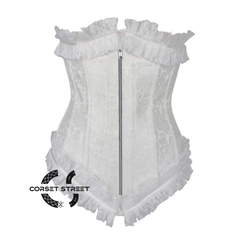 White Brocade Front Zipper Net Frill Design Gothic Waist Training Underbust Corset Bustier Top