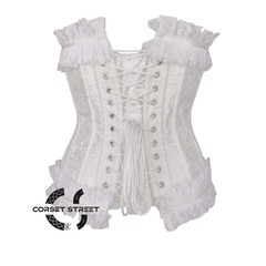 White Brocade Net Frill Design Gothic Waist Training Underbust Corset Bustier Top