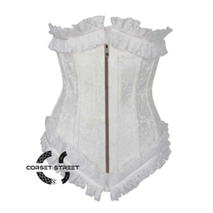 White Brocade Antique Zipper Net Frill Design Gothic Waist Training Underbust Corset Bustier Top