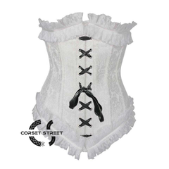 White Brocade Black Lace Frill Net Design Gothic Waist Training Underbust Corset Bustier Top