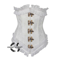 White Brocade Antique Clasps Net Frill Design Gothic Waist Training Underbust Corset Bustier Top