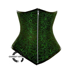 Green And Black Brocade Double Boned Front Zipper Waist Training Long Underbust Gothic Corset Bustier Top