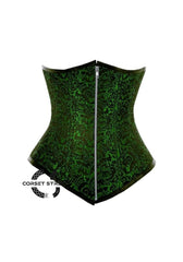 Green And Black Brocade Double Boned Front Zipper Waist Training Long Underbust Gothic Corset Bustier Top