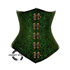Green And Black Brocade Double Boned Antique Clasps Waist Training Long Underbust Gothic Corset Bustier Top