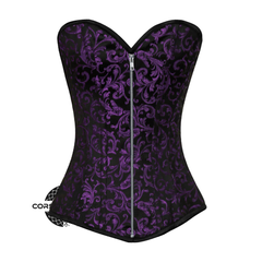 Purple And Black Brocade Front Zipper Gothic Corset Overbust Top