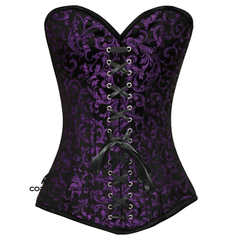 Purple And Black Brocade Front Black Lace Gothic Corset Overbust Top