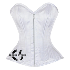 White Satin Burlesque Double Bone Front Zipper Waist Training Costume Gothic Corset Overbust Top