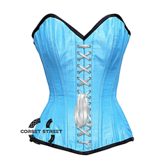 Baby Blue Satin Burlesque Lace Design Waist Training Costume Gothic Corset Overbust Top