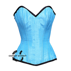 Baby Blue Satin Burlesque Front Close Waist Training Costume Gothic Corset Overbust Top