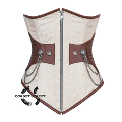 Ivory And White Brocade Brown Leather Front Zipper Steampunk Underbust Corset