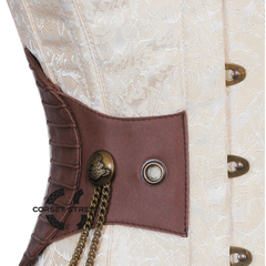 Ivory And White Brocade Brown Leather Steampunk Underbust Corset