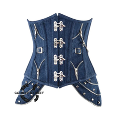 Blue Denim Gothic Heavy Duty Front Clasps Steampunk Waist Training Underbust Corset