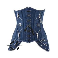 Blue Denim Gothic Heavy Duty Lace Design Steampunk Waist Training Underbust Corset