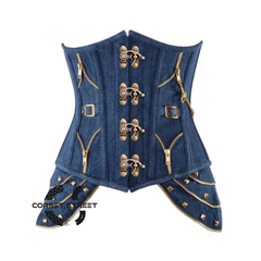 Blue Denim Gothic Heavy Duty Antique Clasps Steampunk Waist Training Underbust Corset