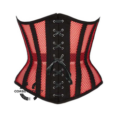 Red Mesh Black Cotton Gothic Front Lace Waist Training Underbust Corset
