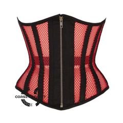 Red Mesh Black Cotton Gothic Front Zipper Waist Training Underbust Corset