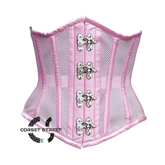 Baby Pink Mesh Satin Stripes Burlesque Gothic Front Clasps Waist Training Underbust Corset