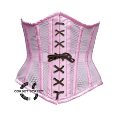 Baby Pink Mesh Satin Stripes Burlesque Front Brown Lace Waist Training Underbust Corset