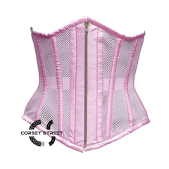 Baby Pink Mesh Satin Stripes Burlesque Gothic Antique Zipper Waist Training Underbust Corset