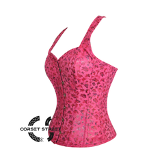 Pink Butterfly Printed Soft Leather Corset With Shoulder Strap Overbust Waist Training Top